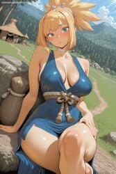 1girl ai_generated bangs bare_shoulders blonde_hair blue_eyes blush breasts cleavage crossed_legs day dress grass hi_res high_quality high_resolution large_breasts looking_at_viewer outdoors patreon ponytail savvyraexo seductive sexy sitting sky solo thighs uncensored watermark