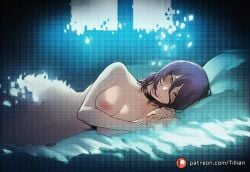 1girl ai_generated black_choker blush breasts chainsaw_man choker completely_nude green_eyes hair_between_eyes looking_at_viewer lying medium_breasts medium_hair navel nipples nude on_side patreon_logo patreon_username purple_hair reze_(chainsaw_man) smile tillian