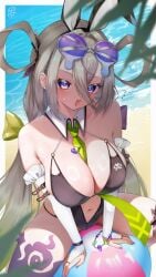 1girl :d alt_text alternate_color animal_ear_hairband animal_ears ball_(object) beach beach_ball between_breasts big_breasts black_hairband black_one-piece_swimsuit blurry blush blushing_at_viewer border bow breasts bridal_gauntlets busty casual_one-piece_swimsuit cleavage clothes_between_breasts commentary_request cowboy_shot day depth_of_field detached_collar eyelashes fake_animal_ears fate/grand_order fate_(series) flying_sweatdrops gray_hair green_bow green_necktie hair_between_eyes hair_bow hair_intakes hair_rings hairband heart heart-shaped_pupils highleg highleg_one-piece_swimsuit highres huyan_zhuo_(fate) huyan_zhuo_(swimsuit_berserker)_(fate) large_breasts leaf long_hair long_hair_between_eyes o-ring o-ring_bikini o-ring_one-piece_swimsuit ocean on_ball one-piece_swimsuit open_mouth outdoors outside_border plump plump_breasts plump_thighs plunging_neckline purple_eyes purple_nails rabbit_ears shiny_skin signature sitting sitting_on_ball sitting_on_beach_ball skindentation sky smile smiling_at_viewer solo squish squishing straight_hair summer sweat sweating swimsuit symbol-shaped_pupils thick_thighs thighs tsurime v-shaped_eyebrows very_long_hair white_border white_bridal_gauntlets
