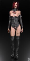 1girls 3d artist_name bare_shoulders black_gloves black_hair breast_outside breasts bridal_gloves corset elbow_gloves elysa erect_nipple erect_nipples eyelashes eyeshadow female female_only fingerless_gloves front_view gloves hair_over_one_eye high_heel_boots high_heels hourglass_figure human legwear lipstick looking_at_viewer makeup nail_polish nipples pose posing red_hair red_lipstick reflection short_hair siliconaya simple_background small_breasts solo standing stockings tattoo thick_lips thong wide_hips
