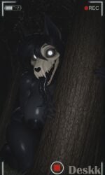 ai_generated anthro anthro_only artist_name behind_tree big_areola big_ass big_breasts black_fur black_hair bra breasts camera_overlay camera_view deskk detailed_background empty_eyes female female_only forest fur furry furry_only hi_res hyper_tongue long_tongue mal0 mal0_(species) malo monster navel nude nude_female scp scp-1471 scp-1471-a scp_foundation sharp_teeth skull_head solo solo_anthro solo_female tongue tongue_out white_eyes