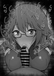 1boy 1girls :>= bare_shoulders big_penis black_and_white blowjob blush breasts censored classroom_of_the_elite dark-skinned_male dark_skin detailed_background drooling eyelashes fellatio female glasses heart human indoor inside japanese_text kurotama long_hair looking_at_viewer male male_pov oral oral_sex penis pov ribbon room sakura_airi saliva saliva_trail shiny shiny_skin sketch sound_effects squatting sweat text tongue tongue_out vein veins veiny veiny_penis
