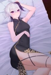 1girls arched_back armpit ass_focus ass_through_clothes bed belly_button_visible_through_clothing blushing butt_focus china_dress chinese_clothes chinese_dress laying_down laying_on_bed laying_on_side looking_at_viewer one_arm_behind_head pillow purple_eyes reclining reclining_on_bed slim_waist thighs thighs_focus thin_waist two-tone_hair v_flower vocaloid vocaloid_4 white_hair
