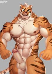 abs absurd_res anthro balls biceps blue_eyes chest_tuft erection feline gohgw1 hi_res lin_hu looking_at_viewer male male_only mammal muscular muscular_male nekojishi nipples pecs penis precum seductive smile solo tiger tuft