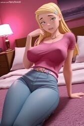 1girl ai_generated belt blonde_hair braceface breasts denim desk green_eyes hair_ornament hairclip hi_res high_quality high_resolution jeans jewelry large_breasts lips long_hair looking_at_viewer necklace pants patreon patreon_username seductive sexy sharon_spitz sitting solo spicytoonai teeth uncensored watermark web_address
