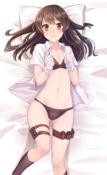 1girls 2d 2d_(artwork) 2d_artwork ashamed ass_visible_from_the_front ass_visible_through_thighs bare_belly bare_hips bare_legs bare_midriff bare_navel bare_skin bare_thighs bed bed_background bed_covers bed_setting bed_sheet bedding bedding_background bedsheets belly belly_button black-haired_female black_bra black_hair black_panties black_socks black_underwear bra breasts brown-eyed_female brown_eyes cleavage collarbone curvaceous curvaceous_body curvaceous_female curvaceous_figure curvaceous_hips curvy curvy_body curvy_female curvy_figure curvy_hips dark_hair digital digital_art digital_drawing digital_drawing_(artwork) digital_media digital_media_(artwork) drawing elbows embarrassed embarrassed_expression embarrassed_female exposed_belly exposed_hips exposed_legs exposed_midriff exposed_navel exposed_skin exposed_thighs female female_focus female_only fingers fit_female flustered flustered_female game_character gloves groin hair_clip hairclip hourglass_figure indoor indoor_background indoor_nudity indoors inguinal_crease inguinal_ligament interior_background kantai_collection knees konnyaku_(kk-monmon) lean_figure linea_alba long_hair looking_at_viewer looking_up looking_up_at_viewer lying lying_down lying_on_back lying_on_bed midriff naked_shirt narrow_waist navel nervous nervous_expression nervous_face nervous_female on_back on_bed open_clothes open_clothing open_shirt open_topwear oyashio_(kantai_collection) panties petite petite_body petite_breasts petite_female petite_girl petite_tits pillow portrait shirt shoulders shy shy_expression shy_female shy_girl slender_body slender_waist slim_female slim_waist small_breasts socks solo stomach thigh_gap thighband thighs unbuttoned unbuttoned_shirt underwear video_game video_game_character video_games white_bed white_bed_sheet white_bedding white_gloves white_pillow white_shirt white_topwear wide_hips
