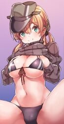 1girls 2d 2d_(artwork) 2d_artwork background bare_belly bare_hips bare_legs bare_midriff bare_navel bare_skin bare_thighs belly belly_button big_boobs big_breasts bikini bikini_bottom bikini_top black_bikini black_bikini_bottom black_bikini_top black_swimsuit black_swimwear blonde blonde-haired_female blonde_female blonde_hair blonde_hair_female blue_background breasts busty busty_female busty_girl cap character_request cleavage closed_mouth_smile digital digital_art digital_drawing digital_drawing_(artwork) digital_media digital_media_(artwork) drawing exposed exposed_belly exposed_hips exposed_legs exposed_midriff exposed_navel exposed_skin exposed_thighs female female_focus female_only front-tie_bikini front-tie_bikini_top game_character gradient_background green-eyed_female green_eyes groin hair_between_eyes half_naked half_nude head_tilt inframammary_fold kantai_collection konnyaku_(kk-monmon) large_boobs large_breasts lean_figure legs_apart legs_spread long_hair looking_at_viewer looking_down looking_down_at_viewer midriff multicolored_background naked naked_female naked_woman narrow_waist navel nipple_bulge nude nude_female nudity partially_exposed_vulva partially_undressed partially_visible_vulva pink_background plain_background portrait pussy semi_nude sitting skindentation slender_body slender_waist slim_female slim_waist smile smiley_face smiling smiling_at_viewer solo spread_legs spreading_legs spreading_thighs string_bikini swimsuit swimwear thick_thighs thighs tilted_head two-tone_background underboob upper_body video_game video_game_character video_games