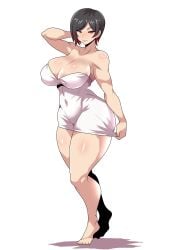 1girl 1girls asian asian_female big_breasts chinese chinese_female curvaceous curvaceous_female curvaceous_figure curves curvy curvy_body curvy_female curvy_figure curvy_hips dark_hair dress feet freckles huge_breasts large_breasts mature mature_female mature_woman maymayuumi original original_character red_eyes short_hair simple_background solo tagme thick thick_legs thick_thighs thighhighs thighs white_dress