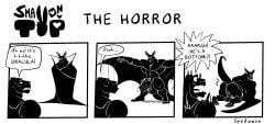 2boys anthro ass back_view big_ass big_penis butt comic dialogue dracula english_text gay large_penis male male/male male_only muscular muscular_male presenting_ass scared scared_expression spedumon text vampire wings