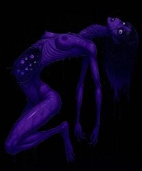 1girl 1girls ai_generated black_background eyes female female_focus female_humanoid female_only horror horror_(theme) humanoid long_arms long_hair long_legs long_limbs long_neck looking_at_viewer medium_breasts monster monster_girl mrnails naked nipples nude purple_eyes purple_hair simple_background solo solo_female