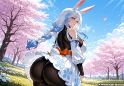 1girl ai_assisted ai_generated animal_ears ass bangs bare_shoulders black_legwear blue_sky bow braid breasts bunny_ears bunny_tail cherry_blossoms cloud curvaceous curvy curvy_female curvy_figure day detached_sleeves female field hololive kimono large_breasts long_hair long_sleeves looking_at_viewer looking_back mature_female milf miyuai multicolored_hair obi outdoors pantyhose pekomama petals red_eyes sash sky smile solo spring_(season) tail thick thick_ass thick_butt thick_hips thick_legs thick_thighs tree twin_braids usada_pekora voluptuous voluptuous_female white_hair wide_hips wide_thighs