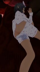 ass bed black_hair black_sclera corrin_asumi heterochromia laying_on_side pajamas pants_pulled_down purple_eye purple_nails sleeping tits vrchat vrchat_avatar yellow_eye