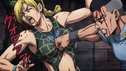 1boy 1girl 1girl1boy 1girls blood_in_mouth blood_on_face damaged eyes_closed female female_dominated female_domination female_focus femsub forced forced_submission green_hair hitting hitting_breasts injured jojo's_bizarre_adventure jojo_no_kimyou_na_bouken jolyne_cujoh jolyne_kujo male_dominating_female male_domination medium_boobs medium_breasts medium_tits punch punching punching_breasts ryona spit spitting spitting_blood strong_female strong_woman tied_hair westwood