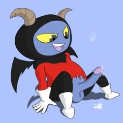 blue_skin clothing dragon_ball dragon_ball_super erection horn imp male male_only penis precum simple_background solo torn_clothing unknown_artist wings yellow_eyes zoiray