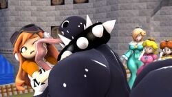 3d big_ass big_breasts blonde_hair blush brown_hair chain_chomp crossover crown face_lick gigi_(thecoatl034) hyper_tongue licking_face meggy_spletzer on_all_fours orange_hair princess_daisy princess_peach princess_rosalina sfm smg4 source_filmmaker super_mario_bros.