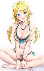 1girls ahoge bare_shoulders barefoot bead_bracelet beads bikini blonde_hair blue_eyes blush bracelet breasts cleavage collarbone flower front-tie_bikini_top front-tie_top hachimiya_meguru hair_flower hair_ornament highres hiyashi_mirano idolmaster idolmaster_shiny_colors indian_style jewelry large_breasts layered_bikini long_hair looking_at_viewer low_twintails navel necklace open_mouth parted_bangs side-tie_bikini_bottom simple_background sitting skindentation smile solo swimsuit twintails v_arms