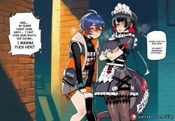 1boy 2girls ahoge ai_generated belle_(zenless_zone_zero) black_hair blue_hair blush crossdressing ellen_joe english_text jacket maid maid_headdress multicolored_hair multiple_girls pantyhose short_hair single_thighhigh speech_bubble tail thighhighs tillian trembling zenless_zone_zero