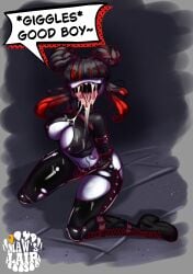 2d_(artwork) bdsm black_hair blowjob bukkake dialogue goth kneeling latex leather maw_(mawslair) maws_lair monster_girl self_upload torn_clothes
