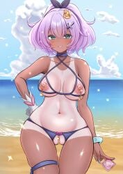 1girl absurdres azur_lane beach bikini blue_eyes blue_nails breasts commentary_request condom condom_wrapper eesuke_(shin1athke) gloves highres holding holding_condom javelin_(azur_lane) nail_polish navel nipple_jewelry nipple_piercing nipples outdoors pearl_thong piercing purple_hair short_hair single_glove solo standing swimsuit tan tanlines thick_thighs thigh_strap thighs wide_hips
