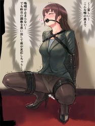1boy 1girl armbinder arms_behind_back ball_gag black_pantyhose bound bound_arms bound_legs breasts brown_hair clenched_teeth commentary_request crying dildo_gag drooling gag gagged high_heels highres jacket large_breasts long_hair open_mouth original panties panties_under_pantyhose pantyhose restrained speech_bubble squatting teeth underwear xgyexgy