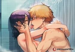 1boy 1girl ai_generated blonde_hair breasts chainsaw_man completely_nude denji_(chainsaw_man) french_kiss hetero kiss mixedsex_bathing nipples nude purple_hair reze_(chainsaw_man) shared_bathing sharp_teeth shower_place showering teeth tile_wall tillian tongue tongue_out