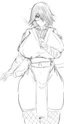 boomdragonkid boruto:_naruto_next_generations breasts female highres large_breasts mask naruto_(series) ninja rule_63 sasuke_uchiha sharingan short_hair sketch solo_female stockings thick_thighs waist