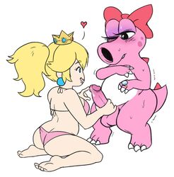 1futa 1girls ass balls bikini birdo blonde_hair breasts chubby crown dinosaur erection female full_body futa_on_female futanari handjob intersex interspecies kneeling large_ass large_balls large_breasts large_penis looking_at_another mario_(series) nintendo nude penis pink_bikini ponytail precum precum_drip princess_peach scalie sesameseedfun simple_background standing swimsuit testicles tied_hair white_background