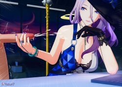 1boy 1girls 3d 3d_(artwork) blender blue_eyes bra breasts cleavage clothed_female cum cumshot desk dress ejaculation female handjob hat highres honkai:_star_rail hoyoverse large_breasts leaning_on_elbow long_hair looking_at_penis masturbation mihoyo nail_polish open_mouth penis purple_hair sitting smile standing surprised surprised_expression trembling yuzuri7