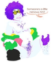 1boy armpit_hair chest_hair consentacleez cuntboy cuntboy_only dialogue flushed glasses glasses_on_face hairy_legs just_dance just_dance_2019 leg_hair male male_only nervous no_pants no_underwear pantless partially_clothed pink_glove pubes purple_hair pussy removing_jacket seated solo solo_male spiral_glasses tagme text top_scars trans_male transparent_background vagina white_skin