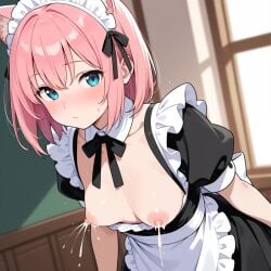 1girl ai_generated areolae blue_eyes blush breasts_out cat_ears erect_nipples lactating lactation lactation_without_expressing leaning_forward looking_at_viewer maid maid_headdress milk milk_squirt nipples oc original original_character pale-skinned_female pale_skin pink_hair short_hair small_breasts solo_female