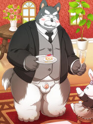 2016 anthro balls belly blush cake canid canine canis closed_eyes clothing domestic_dog drinks duo female flaccid food humanoid_penis lagomorph lako male male_focus mammal overweight overweight_male penis rabbit shirt sitting young