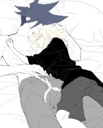 1femboy 2boys after_sex androgynous blonde_hair bob_cut cuddling cum femboy feminine_faced_male feminine_male galo_thymos gay lio_fotia monochrome on_bed petite petite_body petite_male promare short_hair short_male size_difference sleeping_together slim slim_male slim_waist suggestive thin_waist twink wholesome yaoi