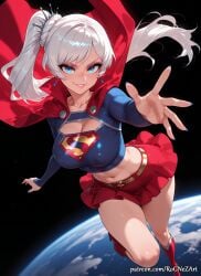 1girl 2026 ai_generated anime bangs belt blue_eyes blue_nails boobs boots breasts cape cleavage cleavage_cutout collarbone covered_nipples crop_top crossover earrings eye_contact female female_focus high_heels highres huge_breasts jewelry knee_boots large_breasts long_hair long_sleeves looking_at_viewer midriff miniskirt nail_polish navel nsfw patreon patreon_username planet ponytail red_footwear red_skirt rognezart rwby scar scar_across_eye scar_on_face shiny shiny_hair shiny_skin side_ponytail skirt smile smiling solo thick_thighs thighs very_long_hair weiss_schnee white_hair