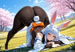 1girl ai_assisted ai_generated animal_ear_fluff animal_ears ass bangs bare_shoulders black_legwear black_leotard blue_sky braid breasts bunny_ears bunny_girl bunny_tail bunnysuit cherry_blossoms curvaceous curvy curvy_female curvy_figure day detached_sleeves female grass hair_between_eyes high_heels hololive leotard long_hair looking_at_viewer lying mature_female milf miyuai multicolored_hair outdoors pantyhose pekomama petals sky smile solo spring_(season) tail thick thick_ass thick_butt thick_eyebrows thick_hips thick_legs thick_thighs thighs top-down_bottom-up tree tree_branch twin_braids usada_pekora virtual_youtuber voluptuous voluptuous_female white_hair wide_hips wide_thighs