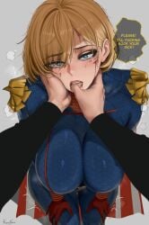 1boy 1girls big_breasts blonde_hair blue_eyes breasts breath clothed clothed_female clothing color dialogue dominant_male english_text female female_focus femsub fully_clothed genderswap genderswap_(mtf) hand_on_cheek homelander kalennoir light_skin looking_at_viewer male male_pov maledom open_eyes open_mouth pov rule_63 shoulder_length_hair simple_background standing submissive_female talking_to_viewer text the_boys thick_thighs thighs tremble_spikes twitter_link white_background