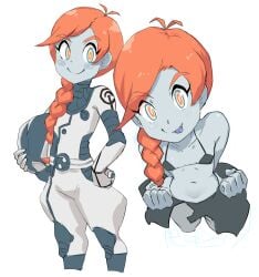 1girls alien alien_girl bikini blue_body blue_eyes blue_skin blue_tongue blush bodysuit female flat_chest flat_chested hat nintendo orange_hair orange_pupils petite petite_body pokemon pokemon_sm pokemon_usm ponytail solo tied_hair ultra_recon_squad undressing zossie_(pokemon)