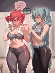 2girls ahoge aqua_hair belly big_breasts blush body_envy breasts cameltoe cleavage curvy drill_hair english_text envy female female_only gym gym_uniform hatsune_miku hips insecure kasane_teto leggings lesbian light-skinned_female light_skin locker_room long_hair meme navel red_hair short_hair sports_bra sportswear stomach text thought_bubble tight_clothing topwear towel twintails utau vocaloid waist windmill_(artist)