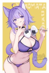 88_(einnimnech) big_breasts bikini cat_ears cat_girl cat_tail catgirl female hololive looking_at_viewer nekomata_okayu purple_bikini purple_eyes purple_hair seductive tongue_out vtuber