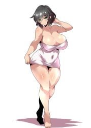 1girl 1girls big_breasts blair_carter curvaceous curvaceous_female curvaceous_figure curves curvy curvy_body curvy_female curvy_figure curvy_hips dark_hair dress feet freckles green_eyes huge_breasts large_breasts mature mature_female mature_woman maymayuumi original original_character short_hair simple_background solo tagme thick thick_legs thick_thighs thighhighs thighs white_dress