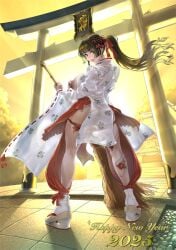 1girl 2025 anus bamboo_broom breasts broom chichimaro chihaya_(clothing) chinese_knot chinese_zodiac clitoral_piercing dark_nipples earrings hair_ornament hakama japanese_clothes jewelry large_areolae large_breasts nengajou new_year nipple_piercing nipples nontraditional_miko original piercing ponytail pubic_hair pussy pussy_piercing red_hakama shrine sunrise tattoo torii year_of_the_snake