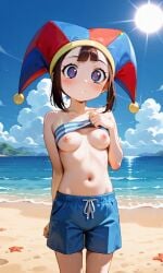 1girls ai_generated exposed_breasts medium_breasts nipples pomni_(beach_outfit) pomni_(the_amazing_digital_circus) solo the_amazing_digital_circus undressing