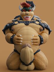 1boy balls bdsm_gear bowser brown_background cock_ring dukesmith3d full_body harness kneeling looking_at_viewer male male_only mario_(series) nintendo nipple_piercing nipples nose_piercing open_mouth penis pubic_hair simple_background solo teeth testicles tongue tongue_out