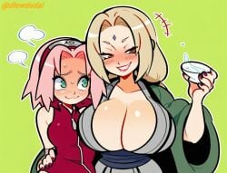 2girls ai_assisted ai_generated big_breasts cleavage dlewdedai drunk imminent_sex naruto_(series) naruto_shippuden sakura_haruno tsunade