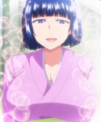 1girls 2d big_boobs big_breasts blue_eyes blue_hair boobs breasts close-up eyebrows eyelashes female female_only front_view hentai hentai_series huge_breasts inkou_kyoushi_no_saimin_seikatsu_shidouroku kimono light-skinned_female light_skin looking_at_viewer milf mole mole_under_eye pale-skinned_female pale_skin screencap screenshot smile solo solo_female stitched t-rex_(animation_studio) tachibana_yayoi_(inkou_kyoushi)
