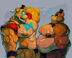 2boys animatronic bear belly big_pecs bulge chubby five_nights_at_freddy's five_nights_at_freddy's:_security_breach fnaf freddy_(fnaf) gay glamrock_freddy_(fnaf) its_coldpizzart looking_at_viewer machine male male/male male_only muscular muscular_male nervous pecs robot scottgames standing steel_wool_studios