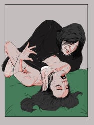 1boy1girl 2021 black_hair boobs breasts choking closed_eyes clothed clothing completely_naked completely_naked_female completely_nude completely_nude_female female hair hand_on_neck harry_potter laying_down laying_on_back laying_on_bed light-skinned_female light-skinned_male light_skin long_hair male male/female naked naked_female nipples nude nude_female open_mouth original_character severus_snape simple_background teeth teeth_showing teeth_visible turpinsimp