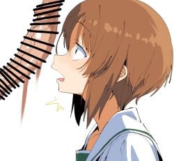 1boy 1girl bar_censor brown_eyes brown_hair censored commentary_request erection girls_und_panzer henyaan_(oreizm) hetero highres looking_at_penis nishizumi_miho ooarai_school_uniform open_mouth penis penis_awe sailor_collar school_uniform shirt short_hair simple_background solo_focus upper_body white_background white_sailor_collar white_shirt