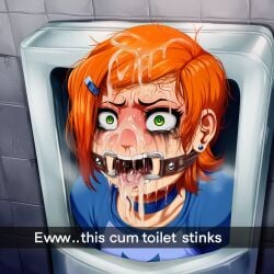 1girl ai_generated ball_gag bathroom blue_shirt blush bustybunz commentary_request cum cum_in_mouth cum_on_face cum_on_hair drooling gag green_eyes gwen_tennyson highres human_toilet human_urinal orange_hair partially_clothed short_hair stray_pubic_hair sweat tagme tears toilet urinal wide_eyes