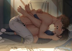 2boys ace_of_diamond adam's_apple anal black_hair blue_shirt blue_socks blush boy_on_top brown_eyes brown_hair commentary commission english_commentary eye_contact from_side full_body goggles indoors kiss looking_at_another lying male_focus male_penetrated missionary miyuki_kazuya multiple_boys nume_x on_back open_fly pants pants_tucked_in sawamura_eijun shirt sideburns socks sunlight sweat toeless_legwear toenails topless_male turtleneck turtleneck_shirt twitter_username watermark white_pants yaoi