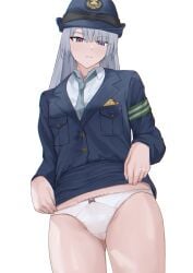 1girls ak-15_(girls'_frontline) armband closed_mouth clothing expressionless feet_out_of_frame female female_only fiftya girls'_frontline girls'_frontline_2:_exilium grey_hair hat jacket long_hair looking_at_viewer necktie paid_reward_available panties partially_clothed police police_hat police_uniform policewoman purple_eyes shirt uniform voymastina_(girls'_frontline_2)